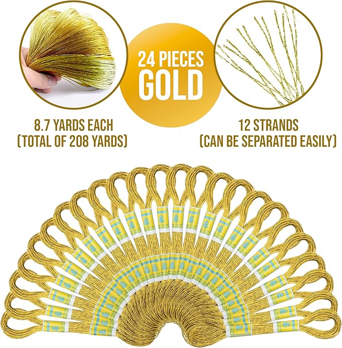 New ThreadNanny 24 Gold Skeins 100% Cotton Metallic Thread for Hand Embroidery