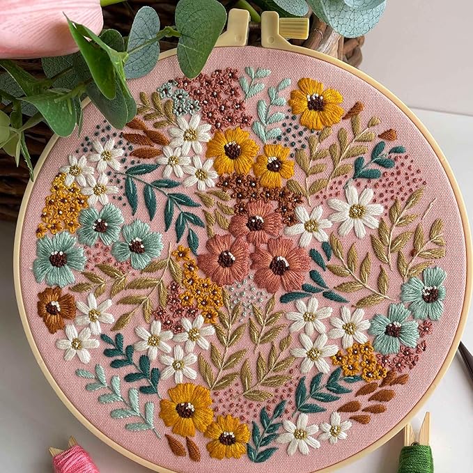 myfelicity embroidery kit, adult embroidery material set with cute flowers and plants patterns. 3 embroidery clothes and colors threads. 1 hoop. (flowers-a)