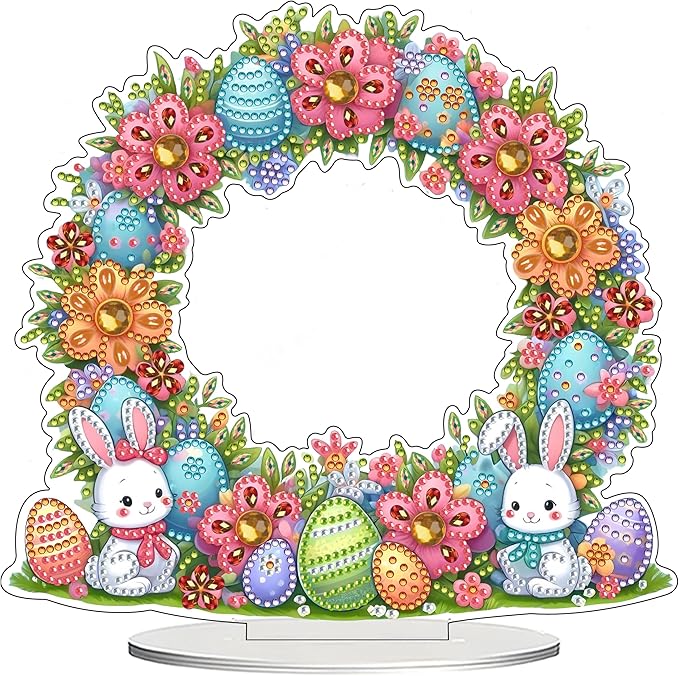 JJFox DIY Tabletop Diamond Art Painting Kit，Special Shaped Rhinestone Desk Placement Ornament，Home Stand Up Gem Painting Craft Kit，Gift,Double Sided. (Easter Wreath)