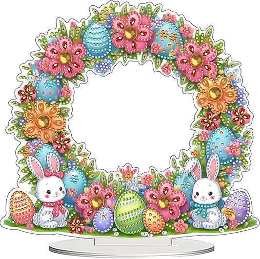 JJFox DIY Tabletop Diamond Art Painting Kit，Special Shaped Rhinestone Desk Placement Ornament，Home Stand Up Gem Painting Craft Kit，Gift,Double Sided. (Easter Wreath)