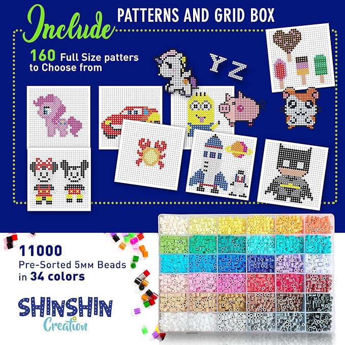 xl fuse beads kit, melty beads melting for kids crafts | iron for kids kit - fuse pegboards, pearler hama compatible - 11000pcs 5mm