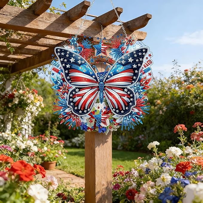 DIY Diamond Art Painting Wreath Kits，Special Shaped Rhinestone Hanging Ornament Diamond Art Window Pendants for Gift Home Garden Wall Hanging Kits,Double Sided (4th of July-Butterfly)