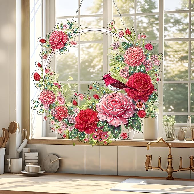 JJFox DIY Acrylic Diamond Art Painting Wreath Kits Special Shaped Rhinestone Diamond Art Window Pendants Home Garden Wall Hanging Kits Hanging Ornament (Wreath)