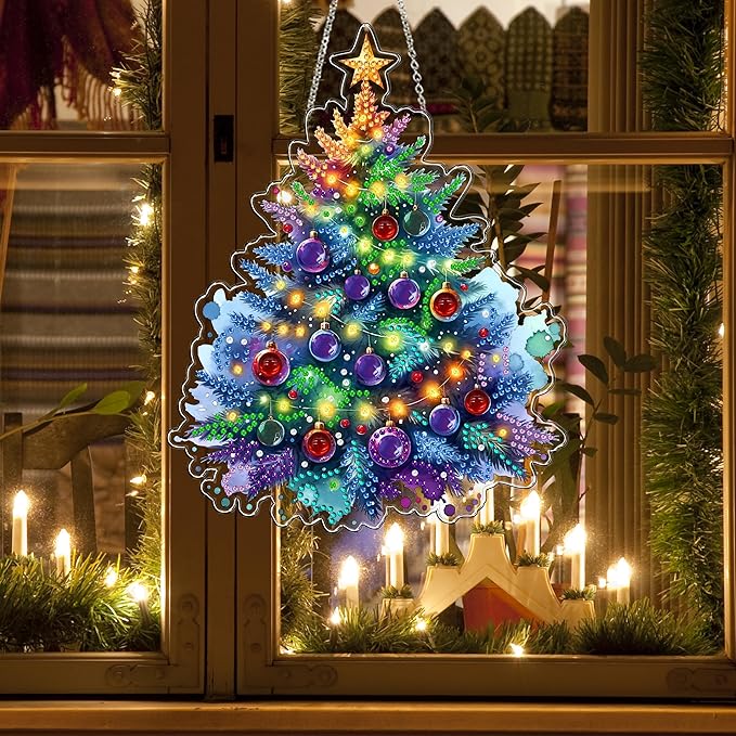 JJFox Diamond Art Hanging Kit for Adult,Special Shaped Rhinestone,Double Sided 5D DIY Acrylic Diamond Art Painting Window Pendants Home Garden Wall Hanging Kits Hanging Ornament (Christmas Tree)