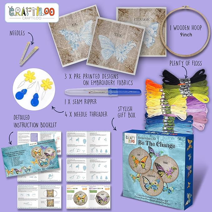CRAFTILOO Embroidery Kits for Adults Hand Embroidery kit for Beginners with Stamped Embroidery Patterns Starter Embroidery Kit. Needlepoint kit Cross Stitch kit for Teens& Adults Butterflies