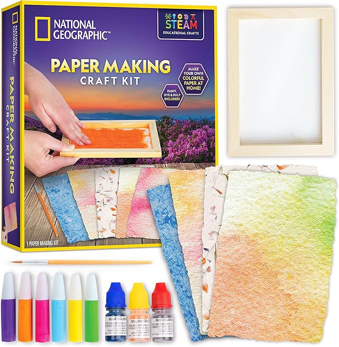 NATIONAL GEOGRAPHIC Kids Paper Making Kit - Make & Decorate 10 Sheets of Craft Paper, Includes Wooden Silk Screen Mold, Paints & More, Fun Art Kit for Scrapbooking & Other Kids Arts & Crafts Projects