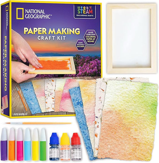 NATIONAL GEOGRAPHIC Kids Paper Making Kit - Make & Decorate 10 Sheets of Craft Paper, Includes Wooden Silk Screen Mold, Paints & More, Fun Art Kit for Scrapbooking & Other Kids Arts & Crafts Projects