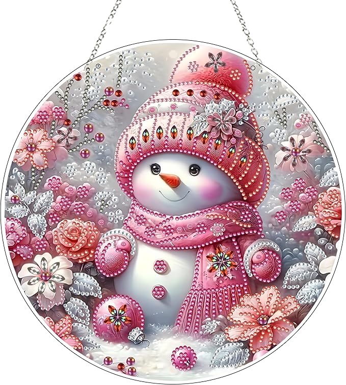 JJFox Diamond Art Hanging Kit for Adult,Special Shaped Rhinestone,Double Sided DIY Acrylic 5D Diamond Art Painting Window Pendants Home Garden Wall Hanging Kits Hanging Ornament (Christmas Snowman-2)