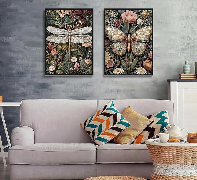 2 Pack Paint by Number Kit 16x20inch Dragonfly Butterfly Insect Art, DIY Painting Set with Floral Background, Intricate Nature Inspired Craft for Home Decor Gift