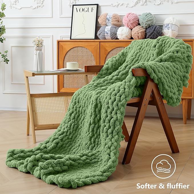 Chunky Yarn for Hand Knitting - #10 Chunky Chenille Yarn, Jumbo Big Thick Chunky Yarns for Crocheting, Super Bulky Chunky Knit Blanket Yarns, 8 Skein (25 yds 8 oz Each Skein), Smoky Green