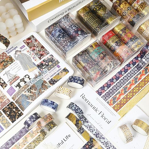 10 Rolls Sakura Washi Tape Set Japanese Arts Adhesive Tapes Gold Silver Foil Decorative Masking Tape Sets for Craft, Kids, Scrapbook, DIY, Gift Wrapping (Golden Kimono)