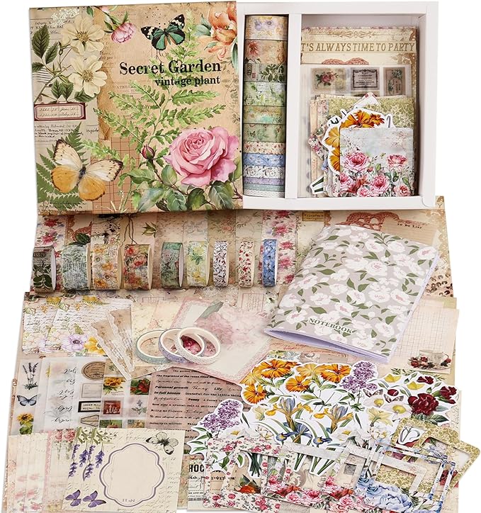 Vintage Botanical Scrapbooking Supplies Kit, Aesthetic Flower Scrapbook Kit for Bullet Junk Journal, 12 Rolls Washi Tape, Stickers Papers for DIY Journaling Supplies, Craft Gift for Girl Women