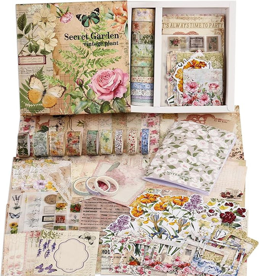 Vintage Botanical Scrapbooking Supplies Kit, Aesthetic Flower Scrapbook Kit for Bullet Junk Journal, 12 Rolls Washi Tape, Stickers Papers for DIY Journaling Supplies, Craft Gift for Girl Women