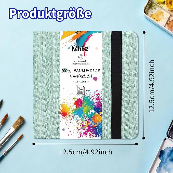 Mlife Square Watercolor Sketchbook,100% Cotton,300gsm/140lb,Acid-Free,Watercolor Journal for Artists Adults Students,4.7 * 4.7 Inches(Turquoise)
