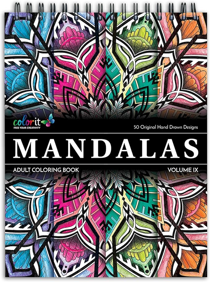 ColorIt Mandalas Volume IX Spiral Bound Adult Coloring Book with 50 Mandala Patterns for Relaxation and Stress Relief - Includes Perforated Pages, Thick Paper, Hardback Covers, and Blotter Page