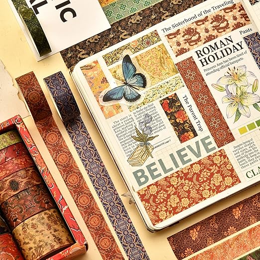 12 Rolls Chinoiserie Washi Tape Set Chinese Arts Adhesive Tapes Geometric Garden Decorative Masking Tape Sets for Craft, Kids, Scrapbook, DIY, Gift Wrapping (Ode to The River)