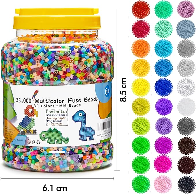 inscraft 2 buckets of fuse beads, 46,000 pcs 5mm iron beads for kids crafts, 30 colors with 6 pegboards, 10 ironing paper, 20 patterns, gifts for birthday christmas, multicolor refill kit