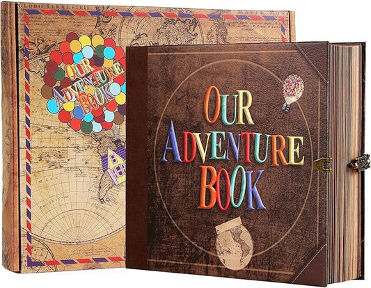 Scrapbook Photo Album,Our Adventure Book, Embossed Words Hard Cover Movie Up Travel Scrapbook for Anniversary, Wedding, Travelling, Baby Shower, etc (Adventurebook Letter)