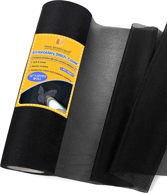 New brothread Soft & Cozy Embroidery Stitch Cover 12" x 10 Yd Fusible Light Weight Stabilizer Covering Scratchy Stitches - Black