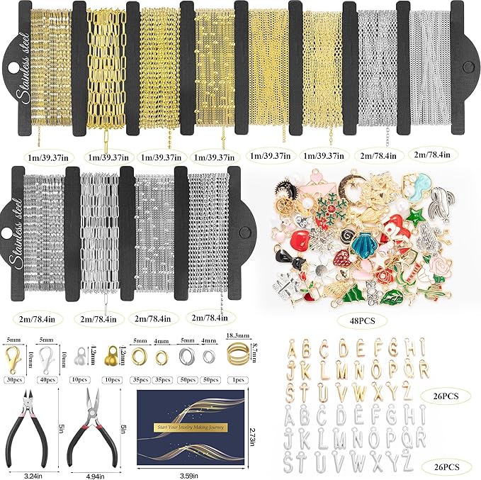 HUISUYTON 18K Gold Necklace Chain Kit for Jewelry Making, 59FT 12Rolls Bracelet Chains with Charms/Pliers/Jump Rings/Lobster Clasps Accessories for DIY Necklace Bracelet Making