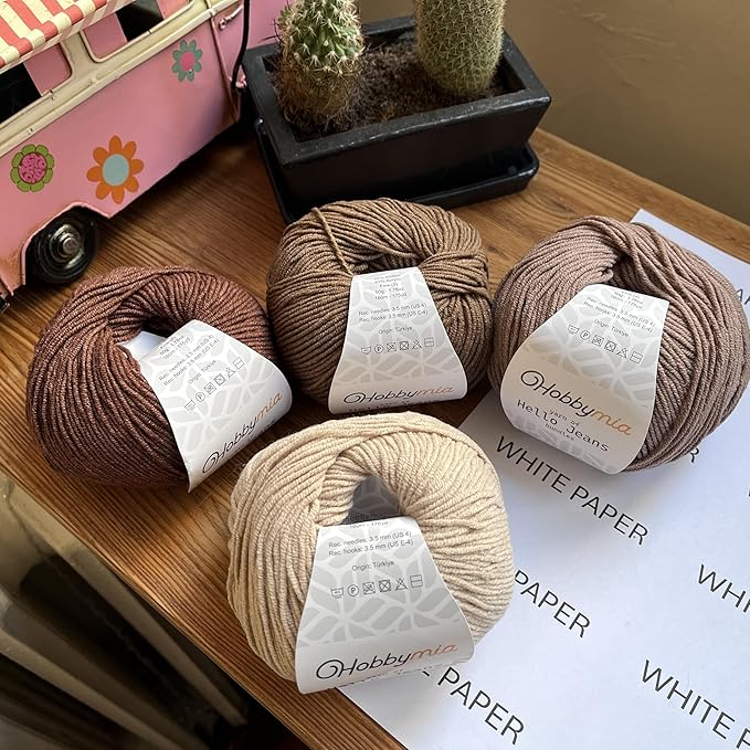 Cotton Yarn Kit - 4 Multicolor Balls Soft Sport Weight Yarn for Crochet & Amigurumi - 50g / 175yds Each & 10 Stitch Markers (H03 - Coffee)