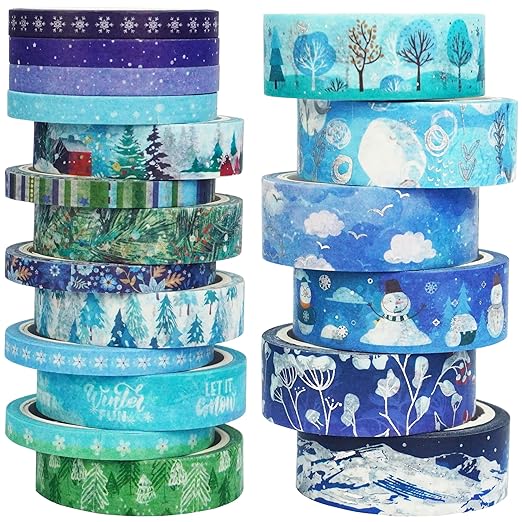 YUBX Winter Washi Tape Set 19 Rolls Skinny Snow Embellishment Blue Silver Foil Decorative Masking Tapes for Arts, DIY Crafts, Journals, Planners, Scrapbook, Wrapping