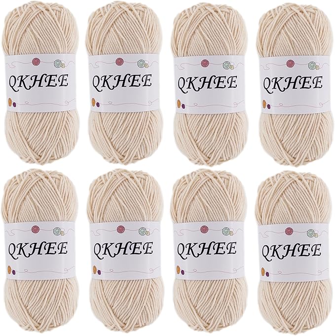 QKHEEYarn for Crocheting and Knitting 8 * 1.76 Oz (50G) /195yd,Fine/Fingering Weight (1), 60% Cotton 40% Acrylic Soft Yarn kit for Making Granny Squares and amigurumi (Ecru)