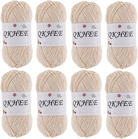 QKHEEYarn for Crocheting and Knitting 8 * 1.76 Oz (50G) /195yd,Fine/Fingering Weight (1), 60% Cotton 40% Acrylic Soft Yarn kit for Making Granny Squares and amigurumi (Ecru)