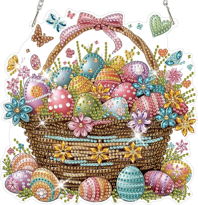 HEIBAGO Easter Eggs Diamond Art Hanging Kits for Adults, Diamond Art Suncatchers, 5D Special Shape Diamond Painting Pendant, DIY Window Ornament Gifts for Home Garden Door Wall Decor 8.3 x 8.3 Inch