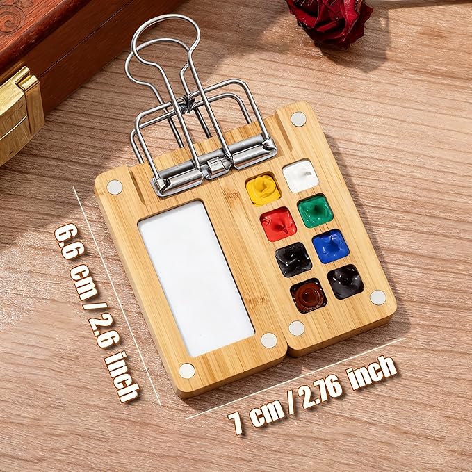 Mini Travel Watercolor Set Pocket Artist Watercolor Travel Set Grid Palette Box Sketch Book Brush Pens With Binder Clips For Painters Artists Students (bamboo, 8 Grids)