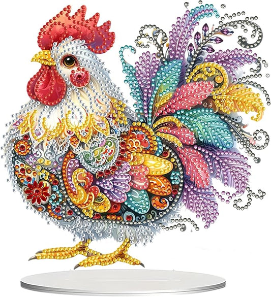 JJFox DIY Tabletop Diamond Art Painting Kit，Special Shaped Rhinestone Desk Placement Ornament，Home Stand Up Gem Painting Craft Kit，Gift，Double Sided. (Rooster-1)