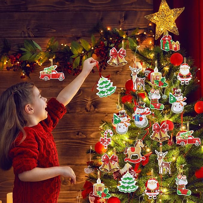 Ferraycle 12 Pcs Diamond Art Christmas Ornaments Christmas Diamond Painting Ornaments 5d DIY Painting Keychain Kits Xmas Hanging Paint Kits for Adults Crafts Family Decor
