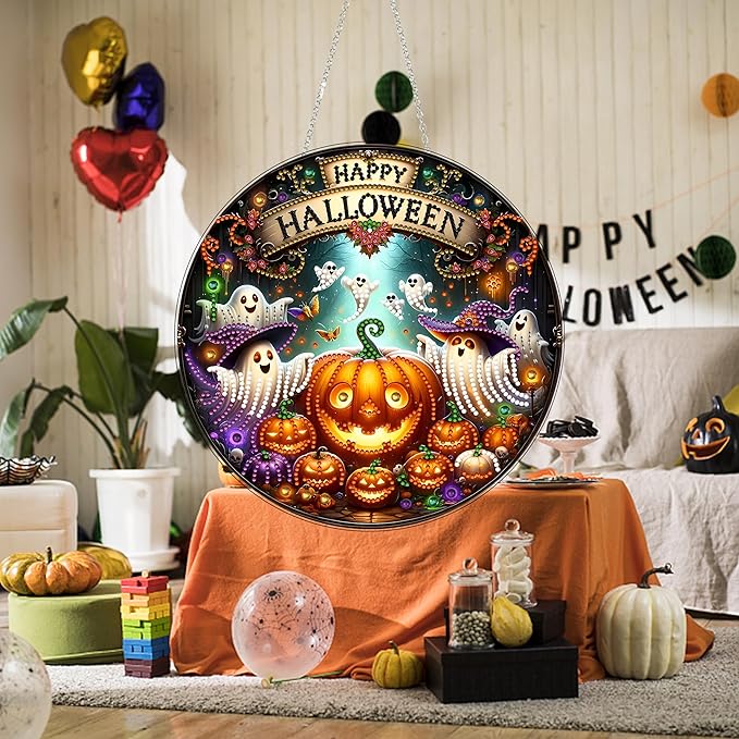 JJFox DIY Halloween Acrylic Diamond Art Painting Wreath Kits Special Shaped Rhinestone Diamond Art Window Pendants Home Garden Wall Hanging Kits Hanging Ornament (Ghosts and Pumpkins)