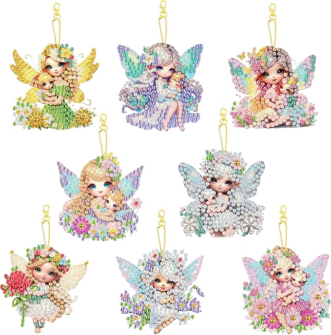 Masendp 8 Pieces 5D DIY Diamond Art Painting Keyring, Angel Fairy Double Sided Diamond Keychain, Mosaic Paste Painting Keychain, Diamond Art Pendant Jewelry Wallet Bag Decoration
