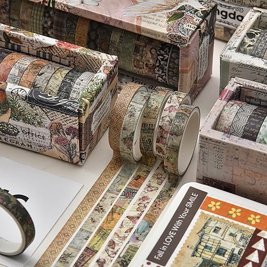 20 Rolls Skinny Vintage Washi Tape Set Retro Arts Adhesive Tapes Basic Patterns Decorative Masking Tape Sets for Craft, Kids, Scrapbook, DIY, Gift Wrapping (Remaining Joy)