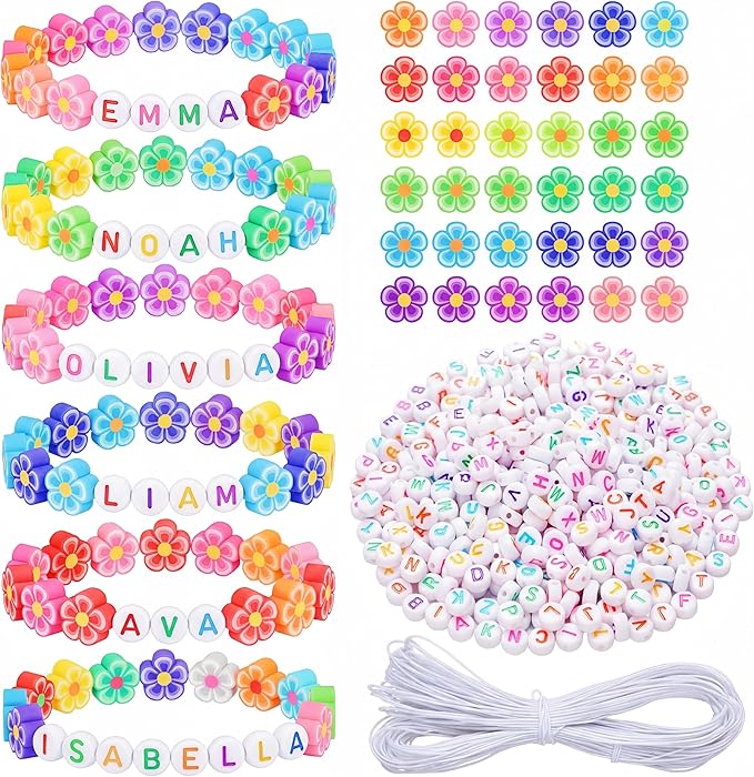Highergo 1200 Pcs Flower Beads Bracelets Stackable Rainbow DIY Beads with 944 Inch Elastic Cord for Jewelry Bracelet Earring Necklace Craft Making Supplies