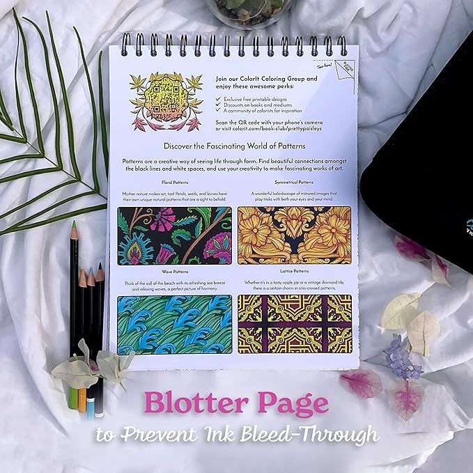 ColorIt Colorful Spiral-Bound Adult Coloring Book with 50 Original Designs - Perforated Lay-Flat Hardback Cover & Ink Blotter Paper for Arts and Crafts - Adult Coloring Book