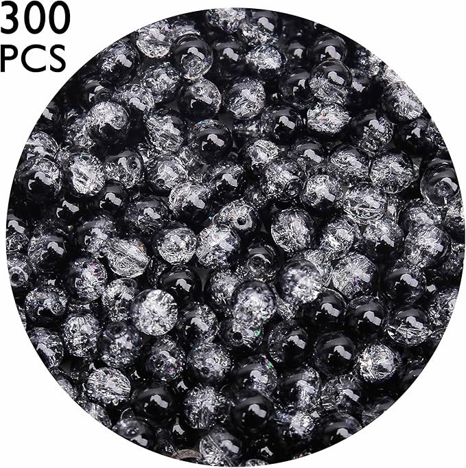 300PCs 6mm Black Crackle Glass Beads Bulk, Round Smooth Hole Glass Crystal Beads for Jewelry Making, DIY Bracelets, Necklaces, Bag Charms, Keychains and Craft Projects