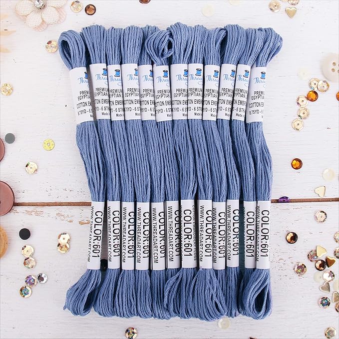 12 Skeins ThreadArt Premium Egyptian Long Fiber Cotton Embroidery Floss | Dusty Blue | 6 Strand Divisible Thread 8.75yds Each for Hand Embroidery, Friendship Bracelets, Cross Stitch and Crafts