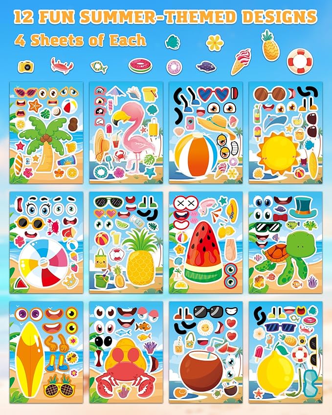 aowplc 48 sheets summer fun make-a-face sticker set for kids – create your own faces with beach, tropical & animal stickers – ideal summer crafts, party favors & creative activities