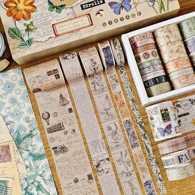 32 Rolls Vintage Washi Tape, Aesthetic Colored Decorative Cute Scrapbook Tape for Scrapbooking Supplies Journaling Craft Junk Journal