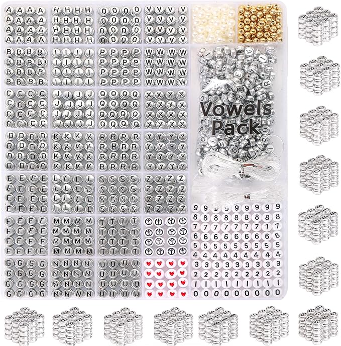 Alphabet Beads - 1650Pcs Round Acrylic Letter A-Z With Extra Vowels, Numbers and Spacers for Bracelets, Necklaces, Friendship Kits