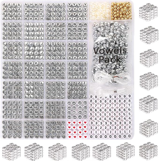 Alphabet Beads - 1650Pcs Round Acrylic Letter A-Z With Extra Vowels, Numbers and Spacers for Bracelets, Necklaces, Friendship Kits