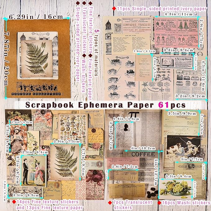 CATaireen Vintage Junk-Journal Mixed Paper Scrapbooking Embellishments Set Retro Journaling Decoupage Stickers Textured Packaging Decorative Cards Tags Kit (Old Photos 3)