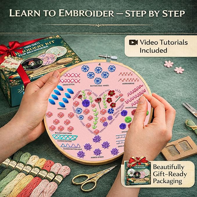 Moni Crafts - Embroidery Kit for Beginners Adults – Learn 41 Stitches with Complete Starter Kit, 4 Pre-Printed Patterns, Threads, Needles & Hoop – Hand Embroidery Kit with Video Tutorials