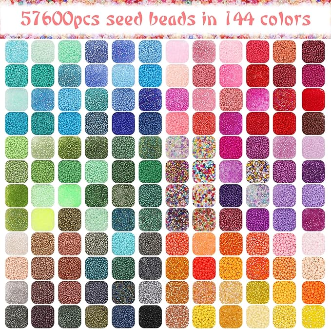 EuTengHao 57600pcs 2mm Glass Seed Beads Small Craft Beads for DIY Bracelet Necklaces Crafting Jewelry Making Supplies with Beading Needles Elastic Strings (144 Colors, 400Pcs Per Color)