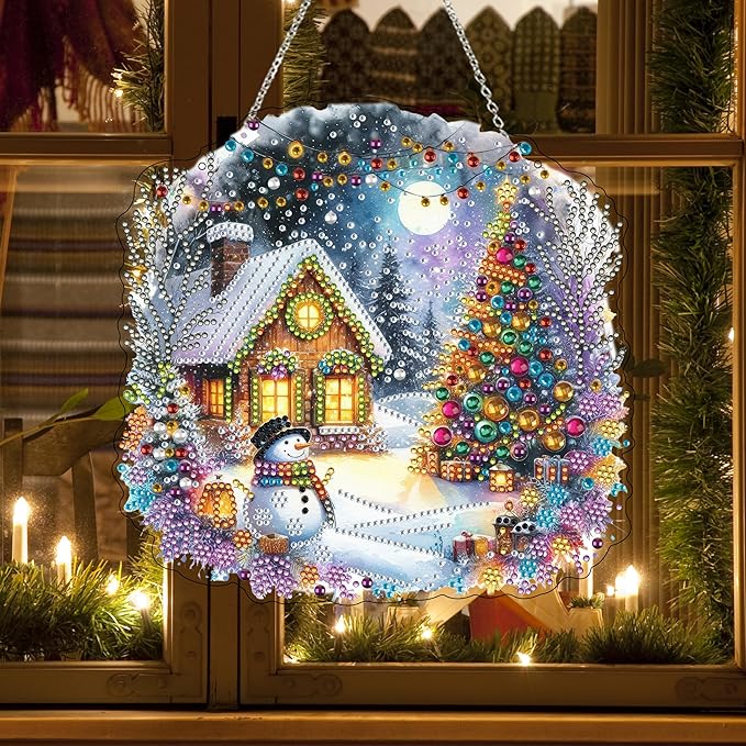 JJFox DIY Acrylic Diamond Art Painting Wreath Kits Special Shaped Rhinestone Diamond Art Window Pendants Home Garden Wall Hanging Kits Hanging Ornament (Christmas)