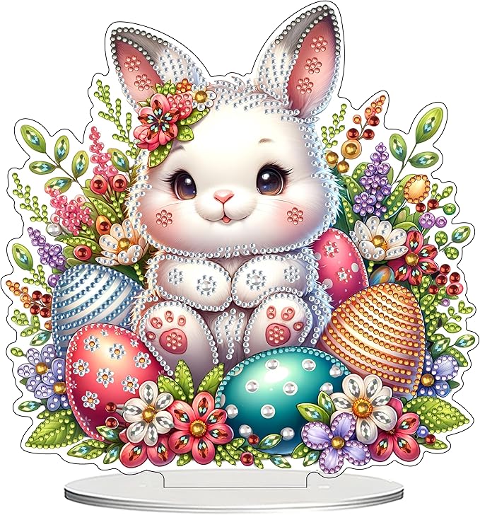JJFox DIY Tabletop Diamond Art Painting Kit，Desktop Ornament Special Shaped Rhinestone Desk Placement Ornament，Home Stand Up Gem Painting Craft Kit Gift Double Sided (Easter Rabbit-3)