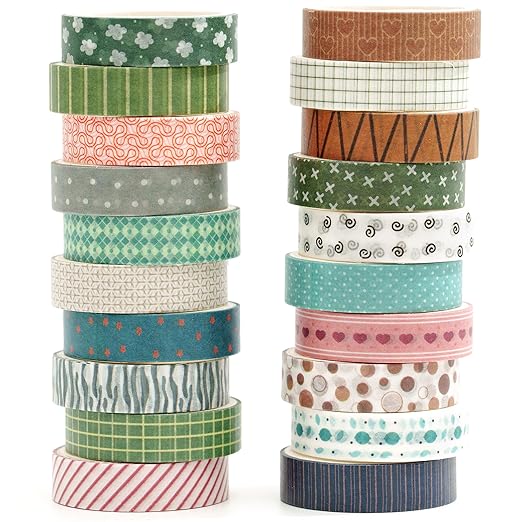 YUBBAEX 20 Rolls Basic Patterns Washi Tape Set Skinny Masking Creative Decorative Tapes, Designer's Selection (Collection 3-Elegance)