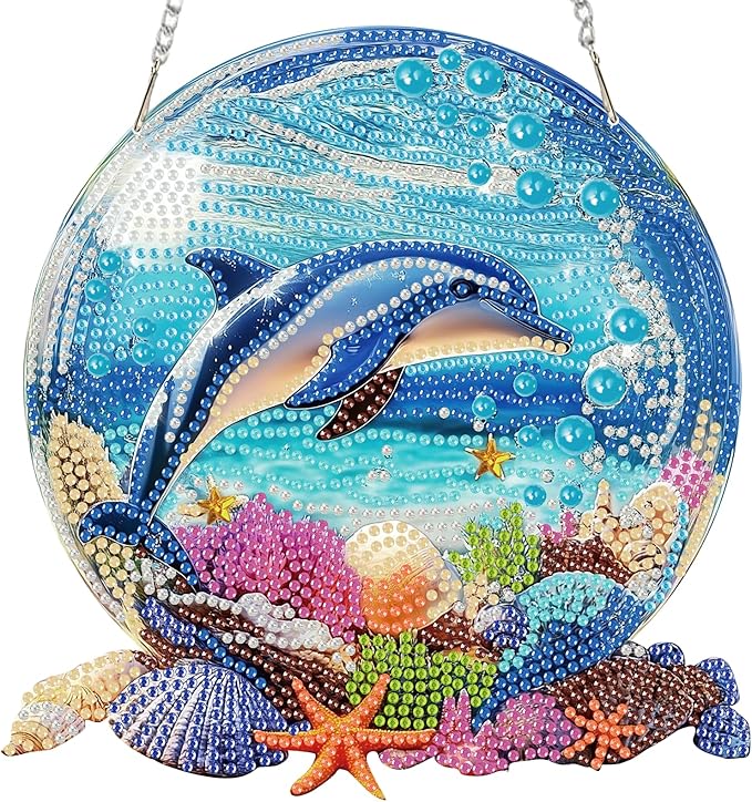 Miwixy Dolphin Hanging Diamond Art Kits for Adults,Beach Special Shaped Crystal Christmas Diamond Painting Ornament Kit DIY Double-Sided Pattern Window Pendant Gem Art Kit for Home Wall Decor